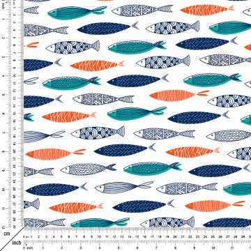 Minimal Çizgili Balık Desenli Deniz Temalı Kumaş