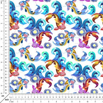 Renkli Koi Balık Desenli Sanatsal Deniz Kumaşı