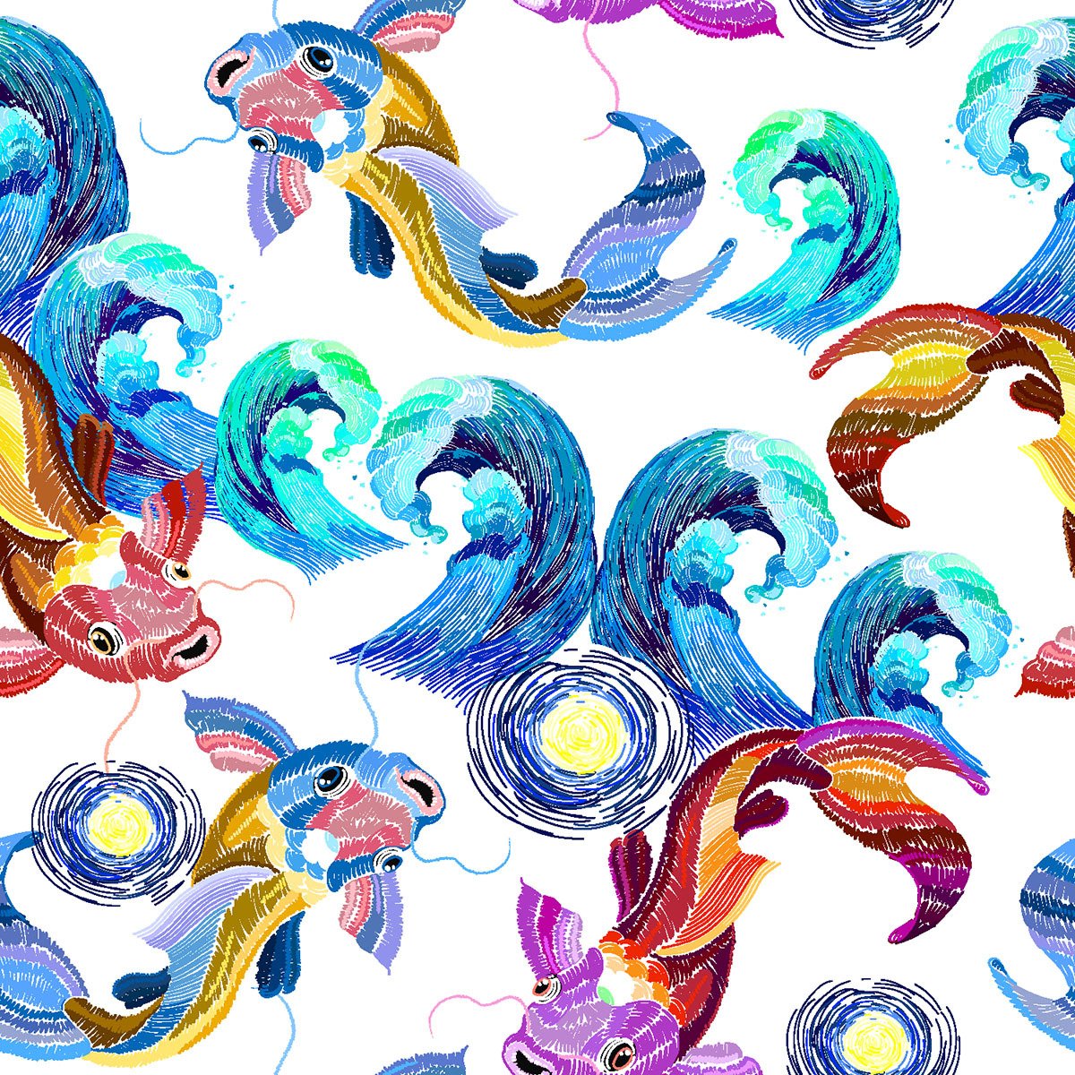 Renkli Koi Balık Desenli Sanatsal Deniz Kumaşı