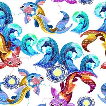 Renkli Koi Balık Desenli Sanatsal Deniz Kumaşı