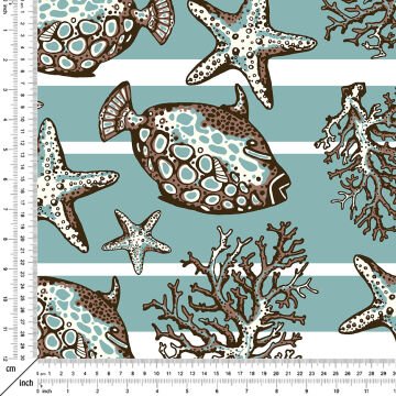 Çizgili Zemin Üzerine Mercan ve Balık Dijital Baskılı Kumaş