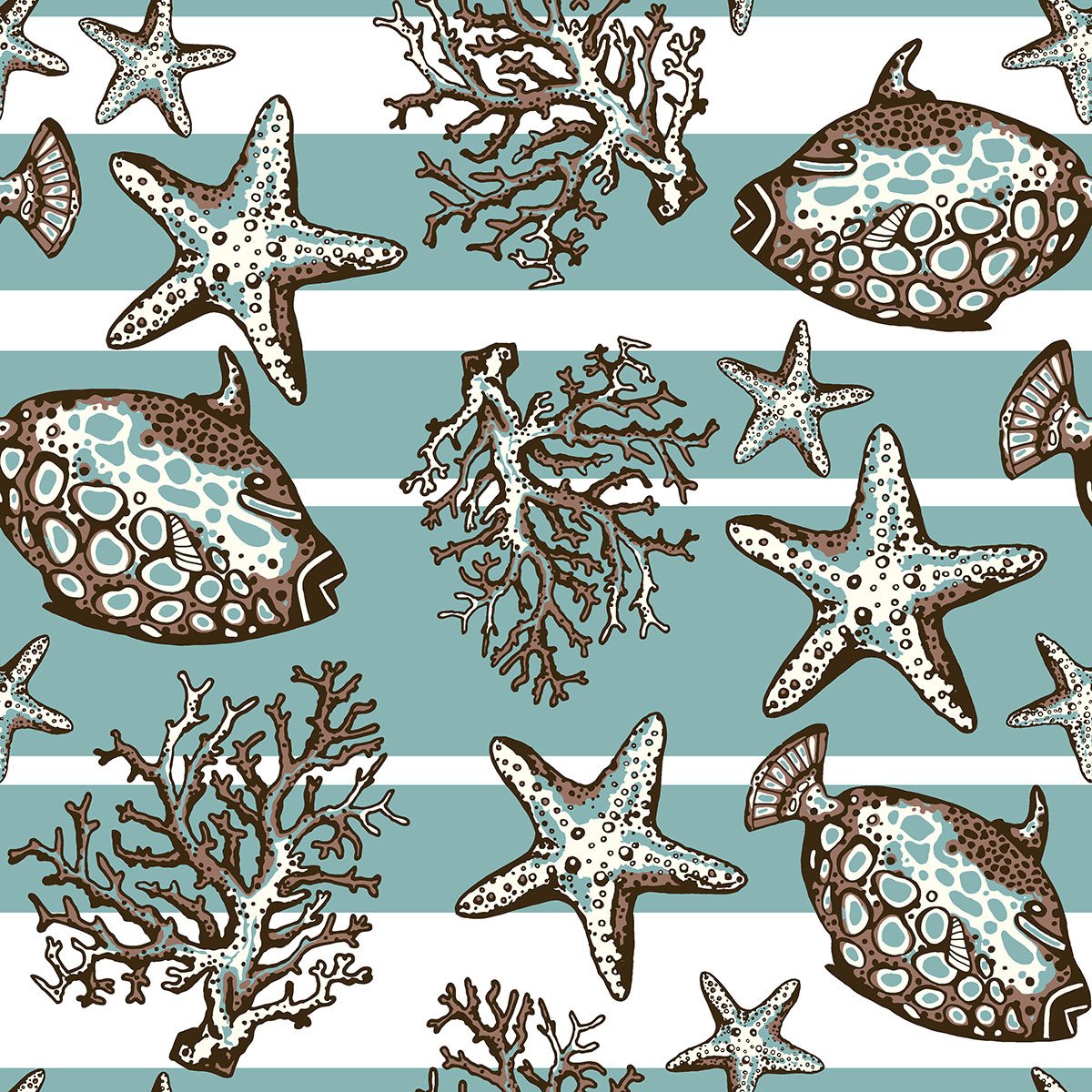 Deniz Yıldızı ve Mercan Desenli Coastal Kumaş