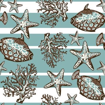 Çizgili Zemin Üzerine Mercan ve Balık Dijital Baskılı Kumaş