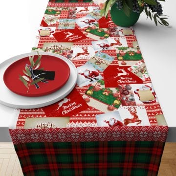 Yılbaşı Koleksiyonu- 50 cm'lik Runner Yılbaşı Ekoseli Noel Temalı Kumaş