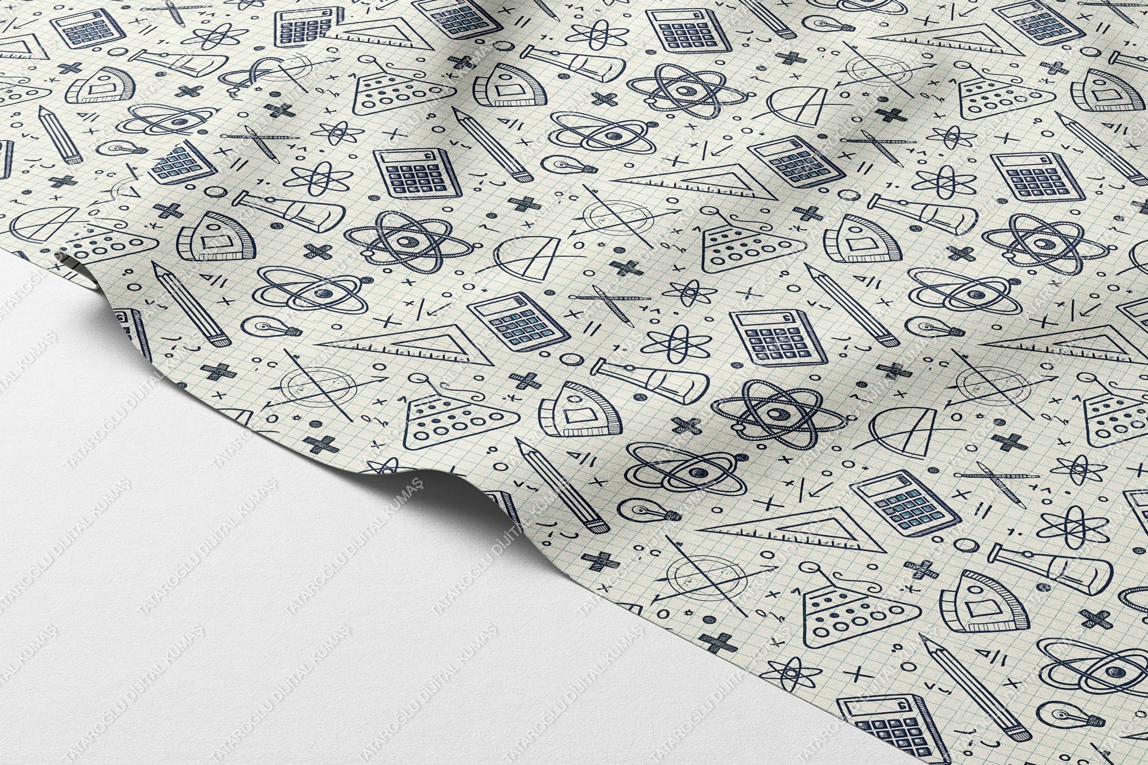 Back to School- Bilim ve Matematik Temalı Petek Dokulu Dijital Baskı Kumaş – %100 Polyester, 143 cm En