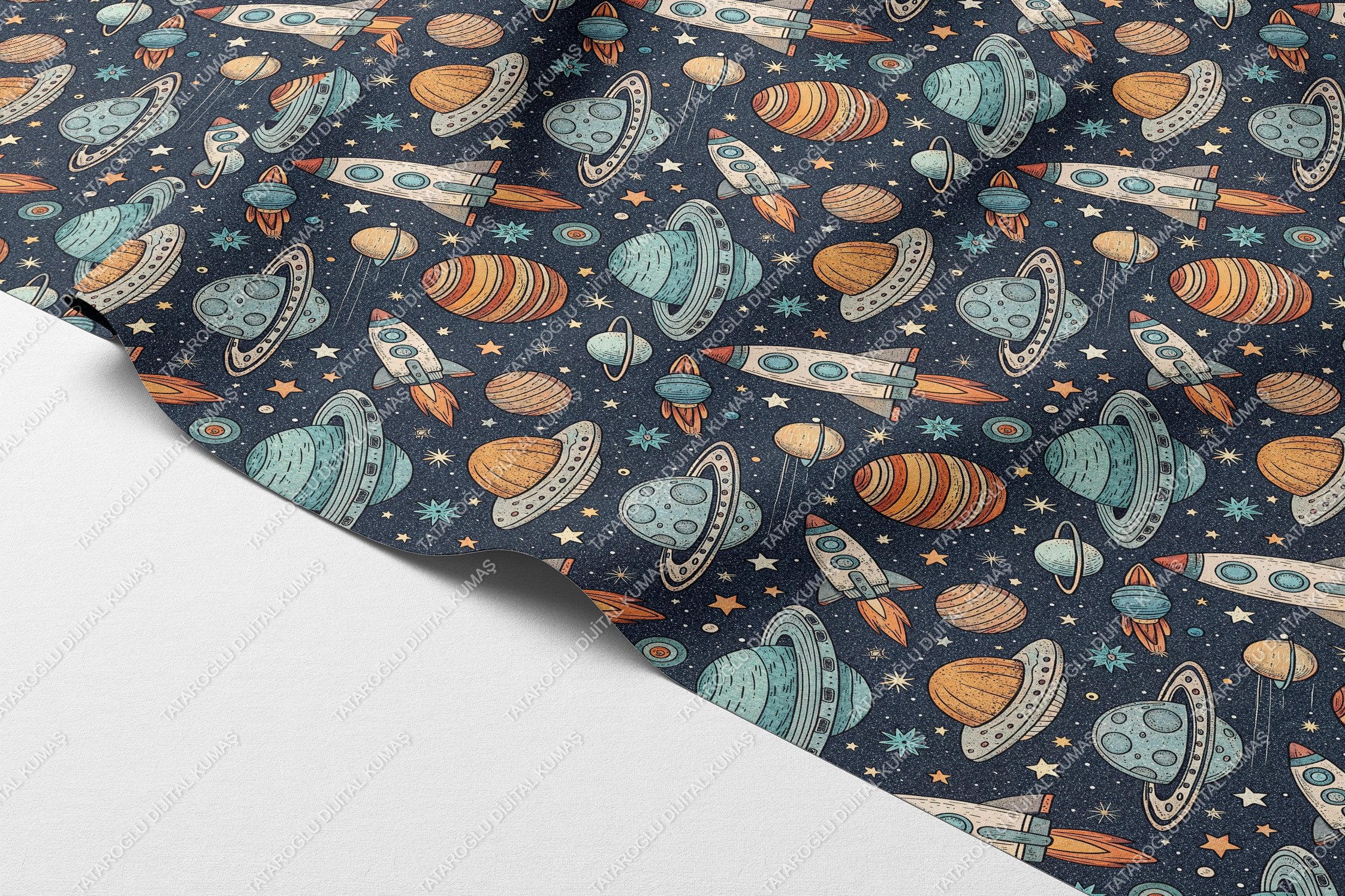 Back to School-Uzay Temalı Renkli Dijital Baskı Petek Dokulu Kumaş – %100 Polyester, 143 cm En