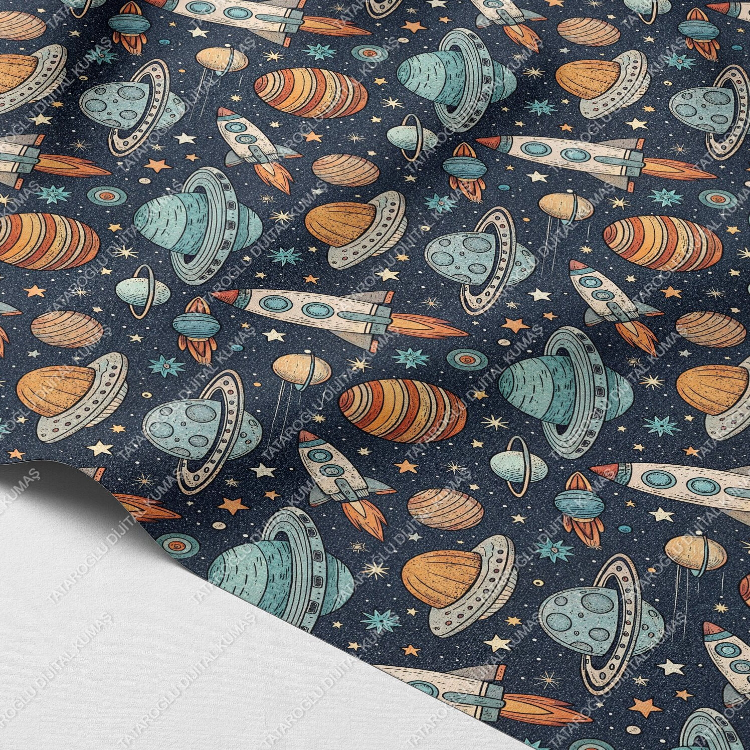 Back to School-Uzay Temalı Renkli Dijital Baskı Petek Dokulu Kumaş – %100 Polyester, 143 cm En