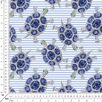 Mavi Beyaz Çizgili Zemin Üzerine Su Kaplumbağaları Dijital Baskılı Kumaş