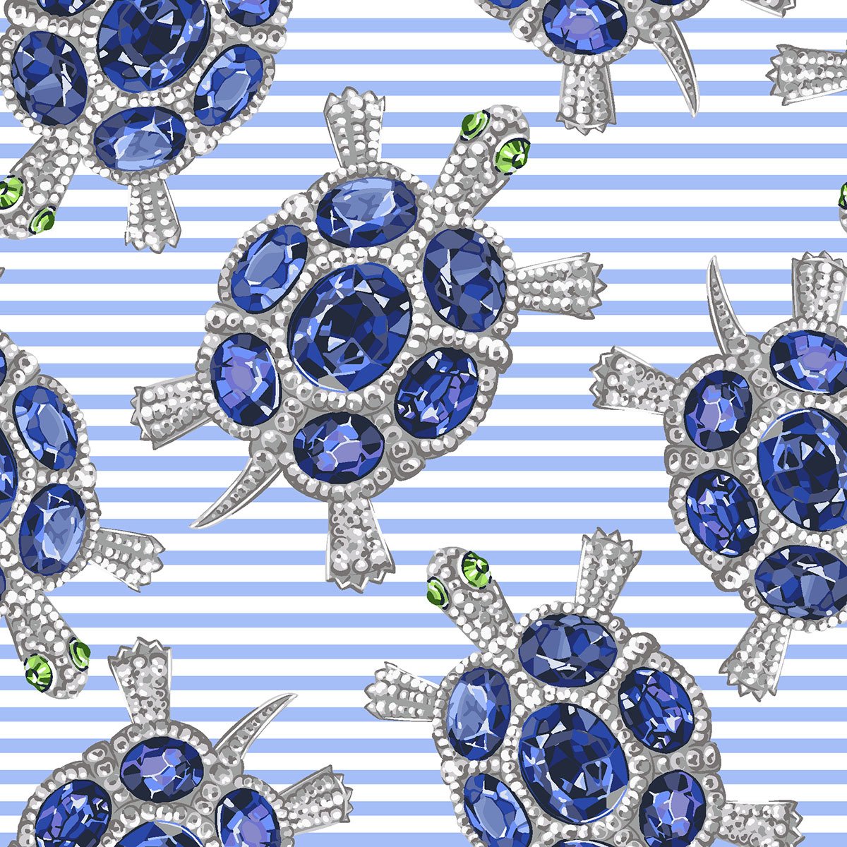 Mavi Beyaz Çizgili Zemin Üzerine Su Kaplumbağaları Dijital Baskılı Kumaş