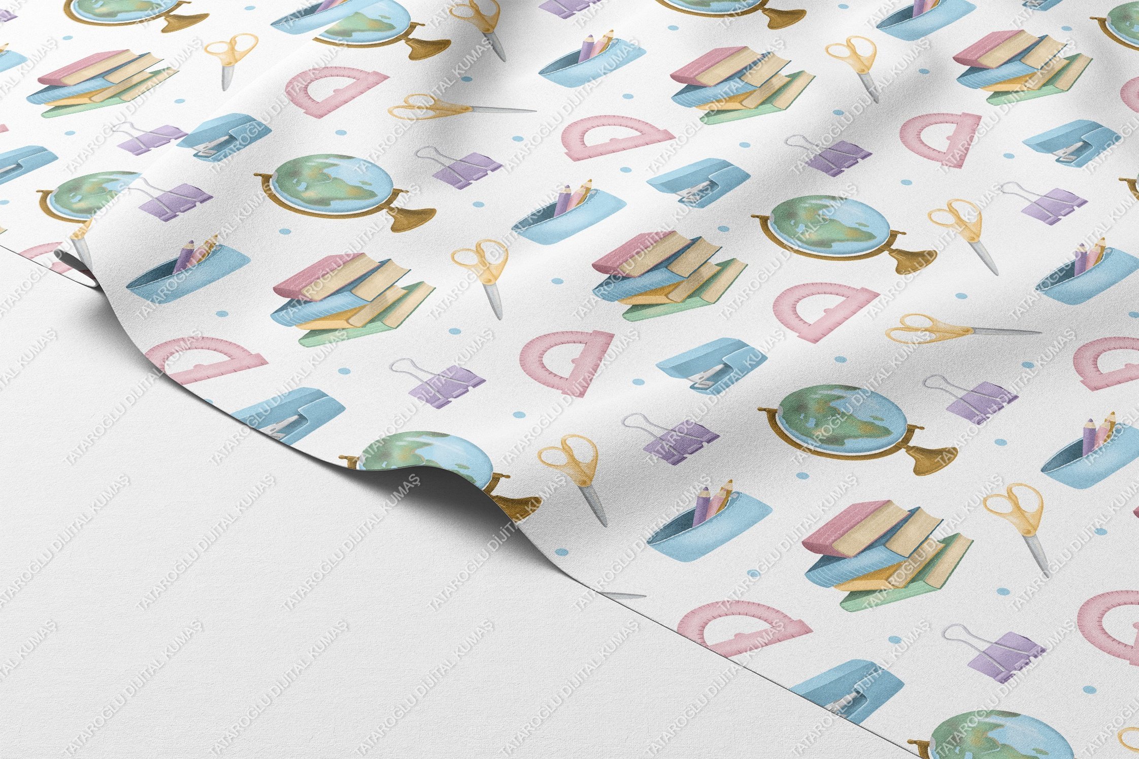 Back to School-Pastel Tonlarda Okul Temalı Dijital Baskı Petek Dokulu Kumaş – %100 Polyester, 143 cm En
