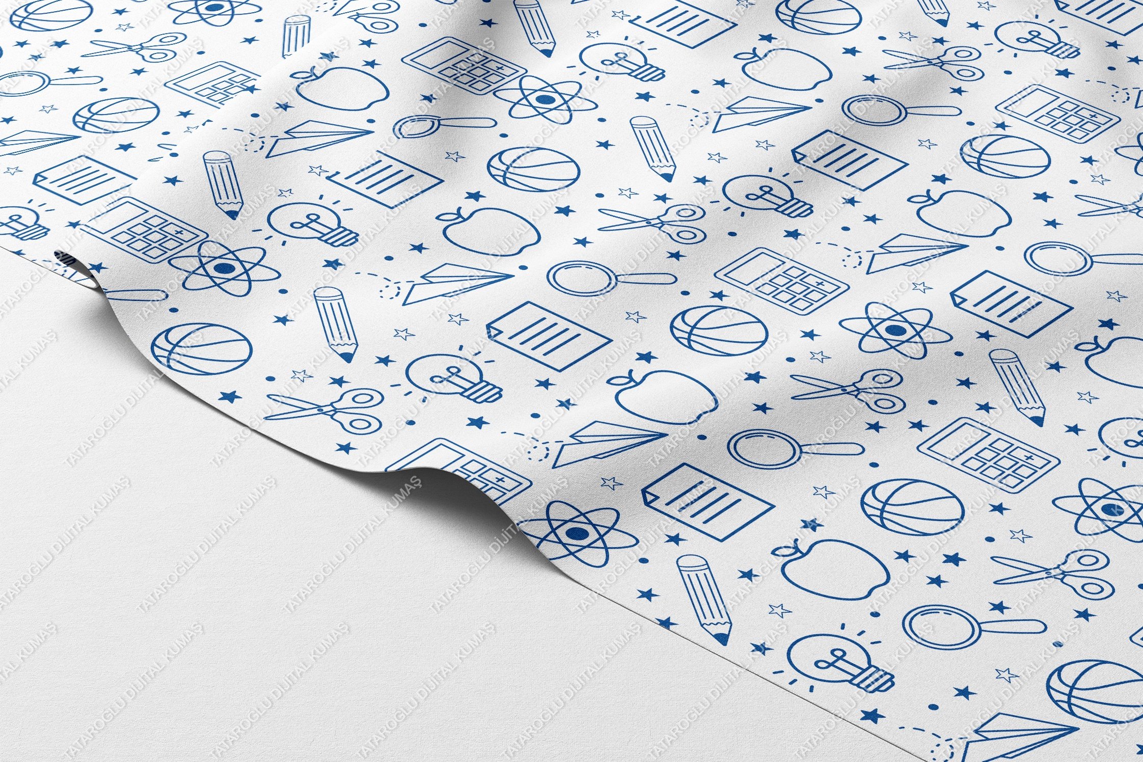 Back to School-Mavi Çizim Okul Temalı Dijital Baskı Petek Dokulu Kumaş – %100 Polyester, 143 cm En