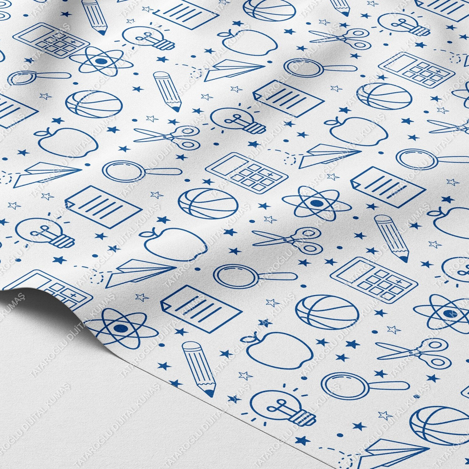 Back to School-Mavi Çizim Okul Temalı Dijital Baskı Petek Dokulu Kumaş – %100 Polyester, 143 cm En
