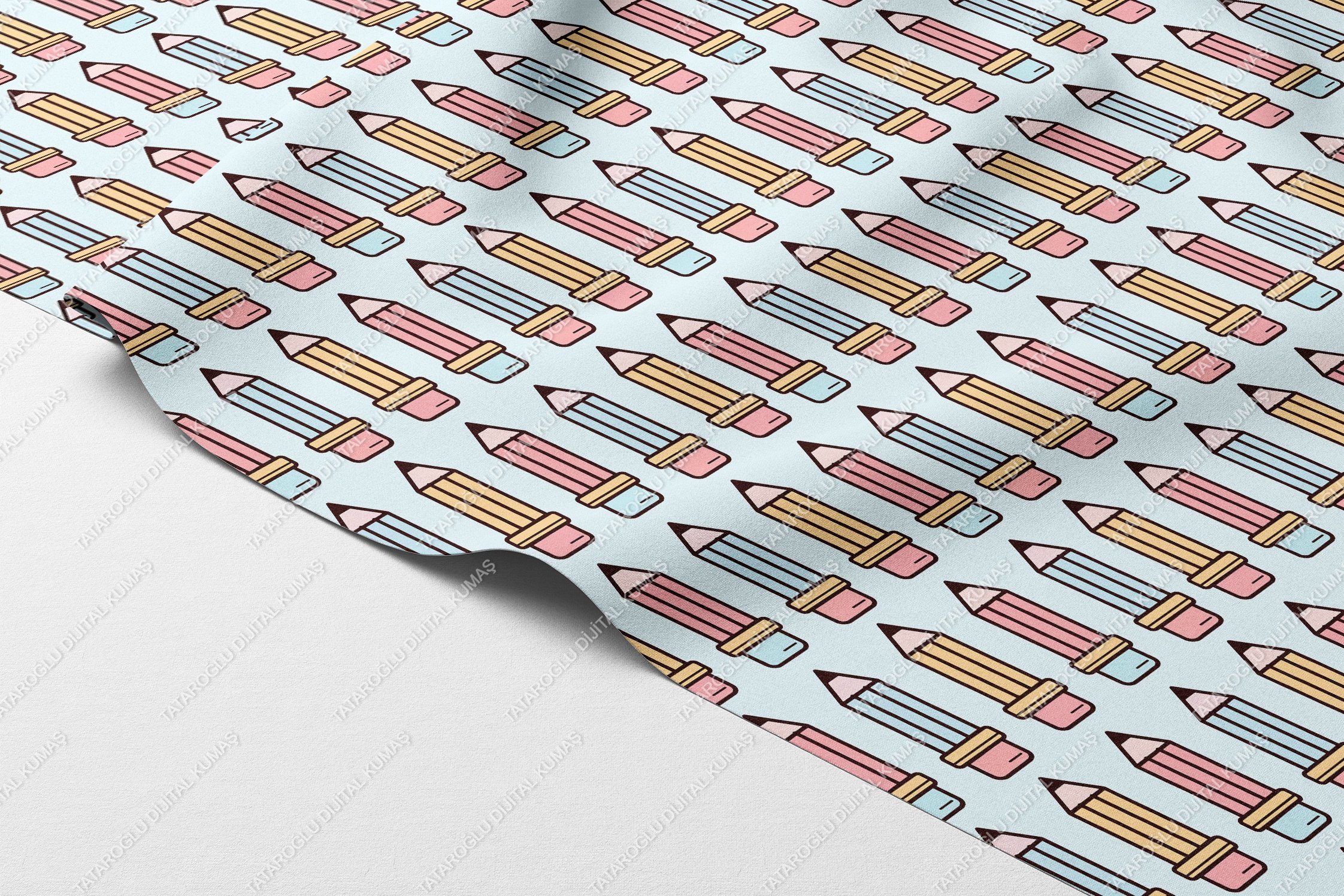Back to School-Pastel Renkli Kalem Desenli Dijital Baskı Petek Dokulu Kumaş – %100 Polyester, 143 cm En