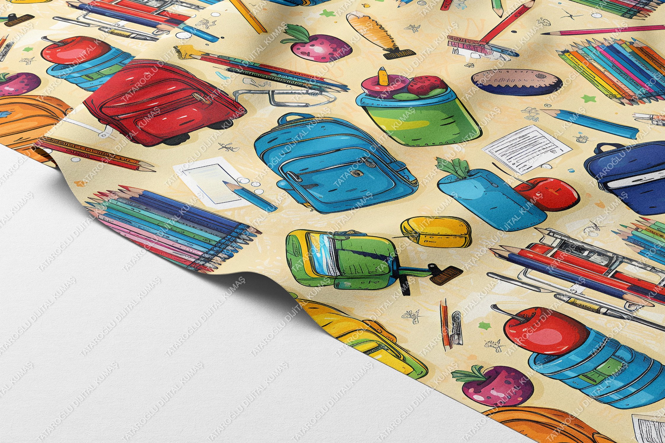 Back to School-Renkli Okul Malzemeleri Desenli Dijital Baskı Petek Dokulu Kumaş – 143 cm En