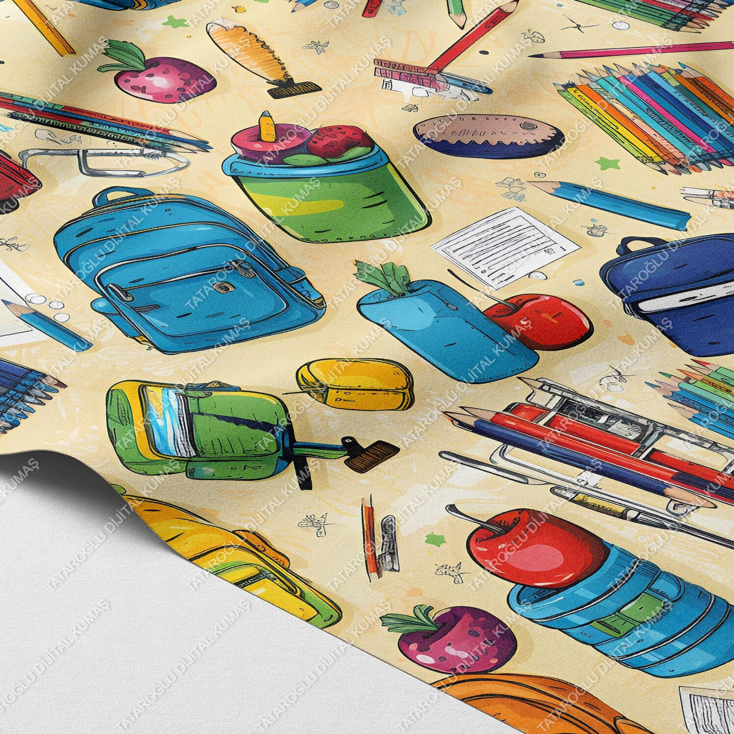 Back to School-Renkli Okul Malzemeleri Desenli Dijital Baskı Petek Dokulu Kumaş – 143 cm En
