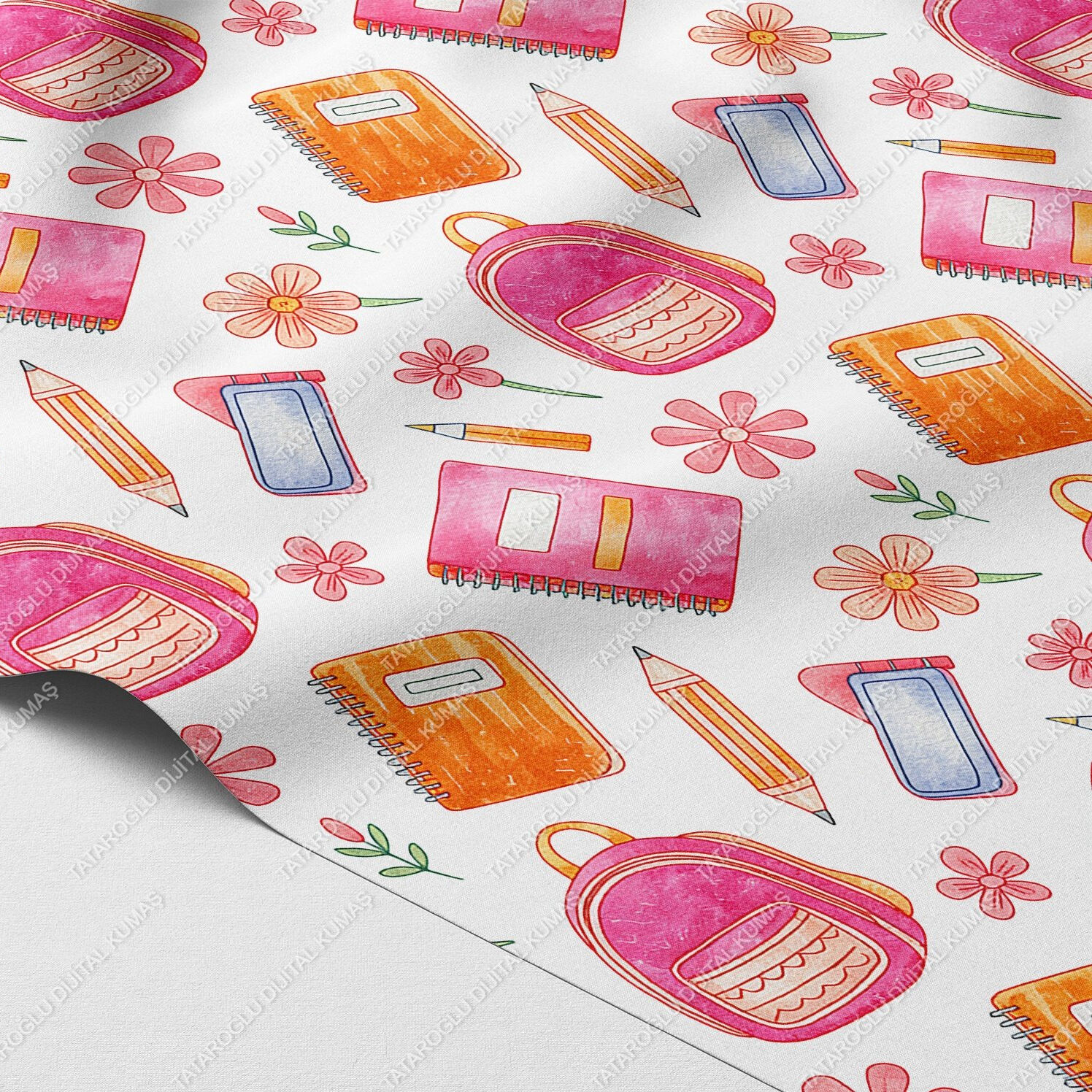 Back to School-Pembe Turuncu Okul Temalı Dijital Baskı Petek Dokulu Kumaş – 143 cm En