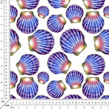 Beyaz Zemin Üzerine Efektli Deniz Kabukları Dijital Baskılı Kumaş