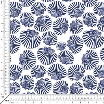 Beyaz Zemin Üzerine Lacivert Deniz Kabukları Dijital Baskılı Kumaş