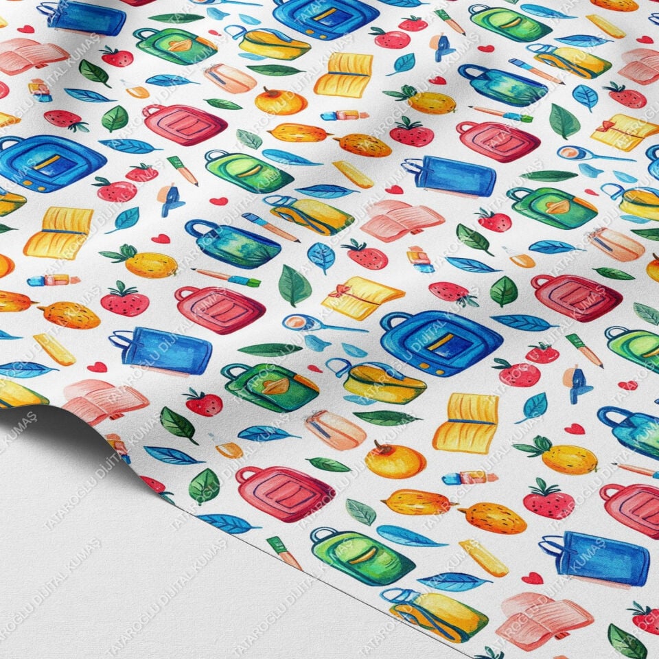 Back to School-Renkli Okul Temalı Dijital Baskı Petek Dokulu Kumaş – Meyve ve Kırtasiye Deseni, 143 cm En