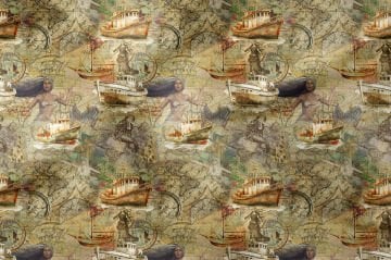 Vintage Harita Desenli Deniz Temalı Dekoratif Kumaş