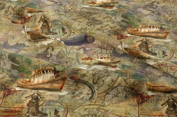 Vintage Harita Desenli Deniz Temalı Dekoratif Kumaş