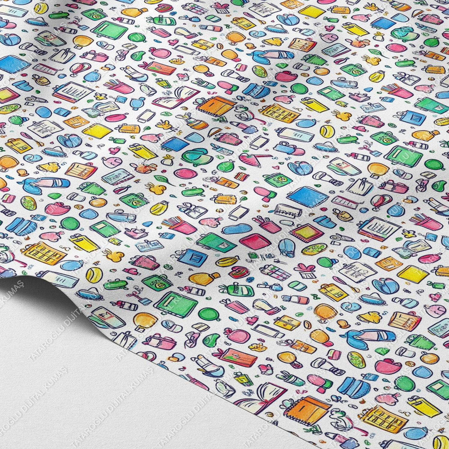 Back to School- Renkli Okul Malzemeleri Desenli Dijital Baskı Polyester Kumaş – 143 cm En