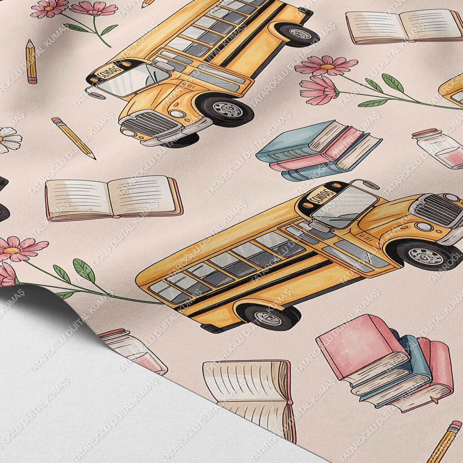 Back to School-Sarı Okul Otobüsü ve Kitap Desenli Dijital Baskı Polyester Kumaş – 143 cm En