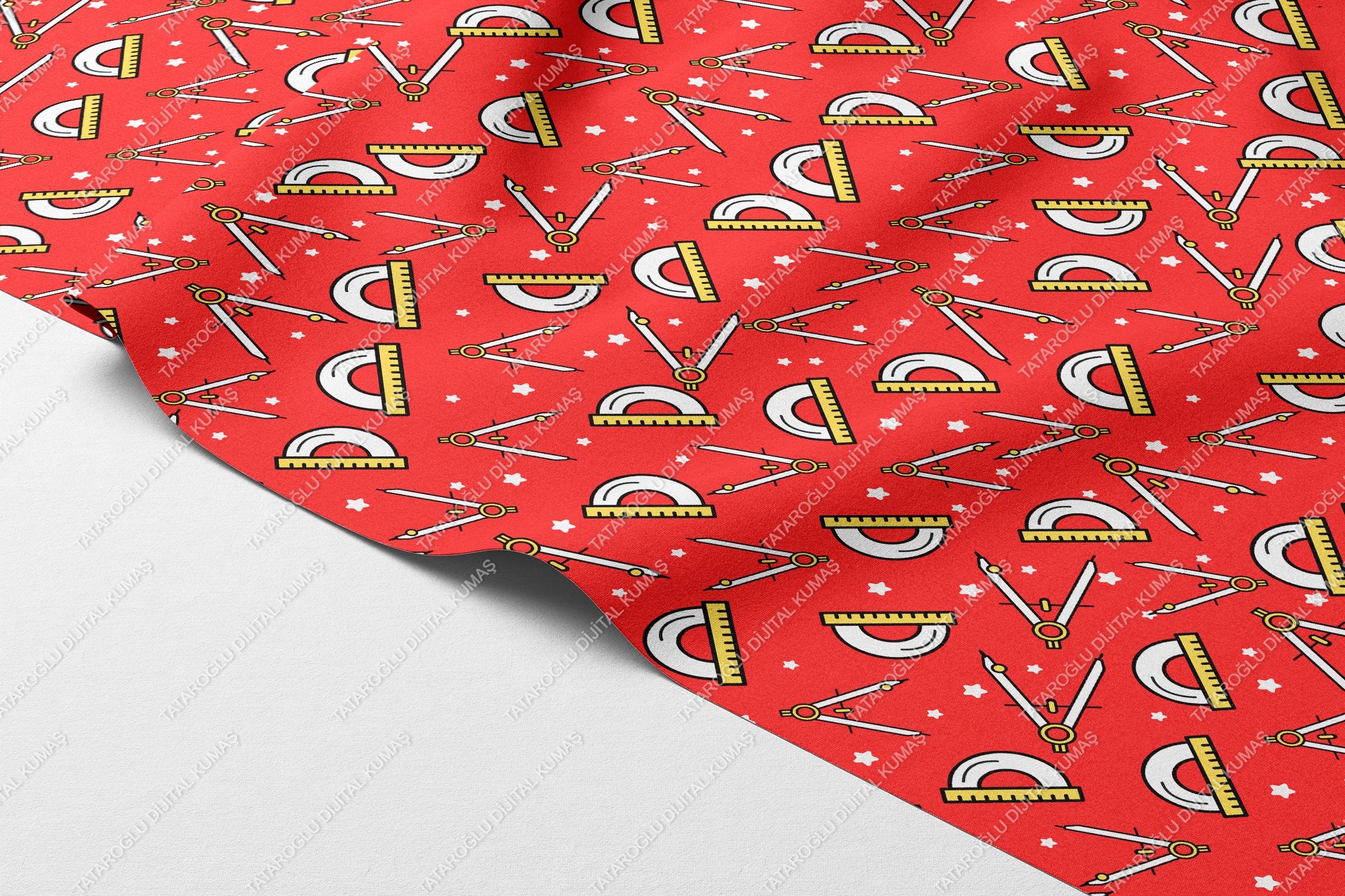 Back to School-Kırmızı Zemin Geometrik Desenli Dijital Baskı Polyester Kumaş – Okul ve Hobi Projeleri İçin