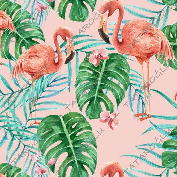 Tropikal Serisi-Somon Zemin Üzerine Flamingo Dijital Baskılı Kumaş