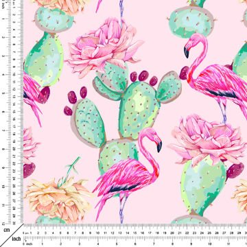 Tropikal Serisi-Pembe Zemin Üzerine Flamingo Desenli Dijital Baskılı Kumaş
