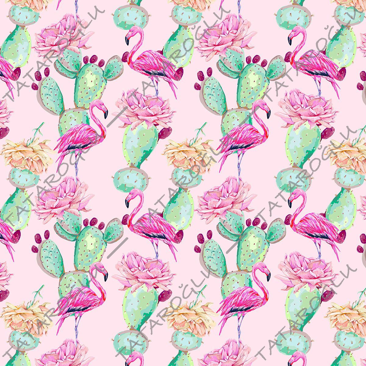 Tropikal Serisi-Pembe Zemin Üzerine Flamingo Desenli Dijital Baskılı Kumaş