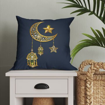 Lacivert Zeminli Kandilli Ay-Yıldızlı Ramazan Model 2-Pano Kırlent 2'li Dikilmemiş
