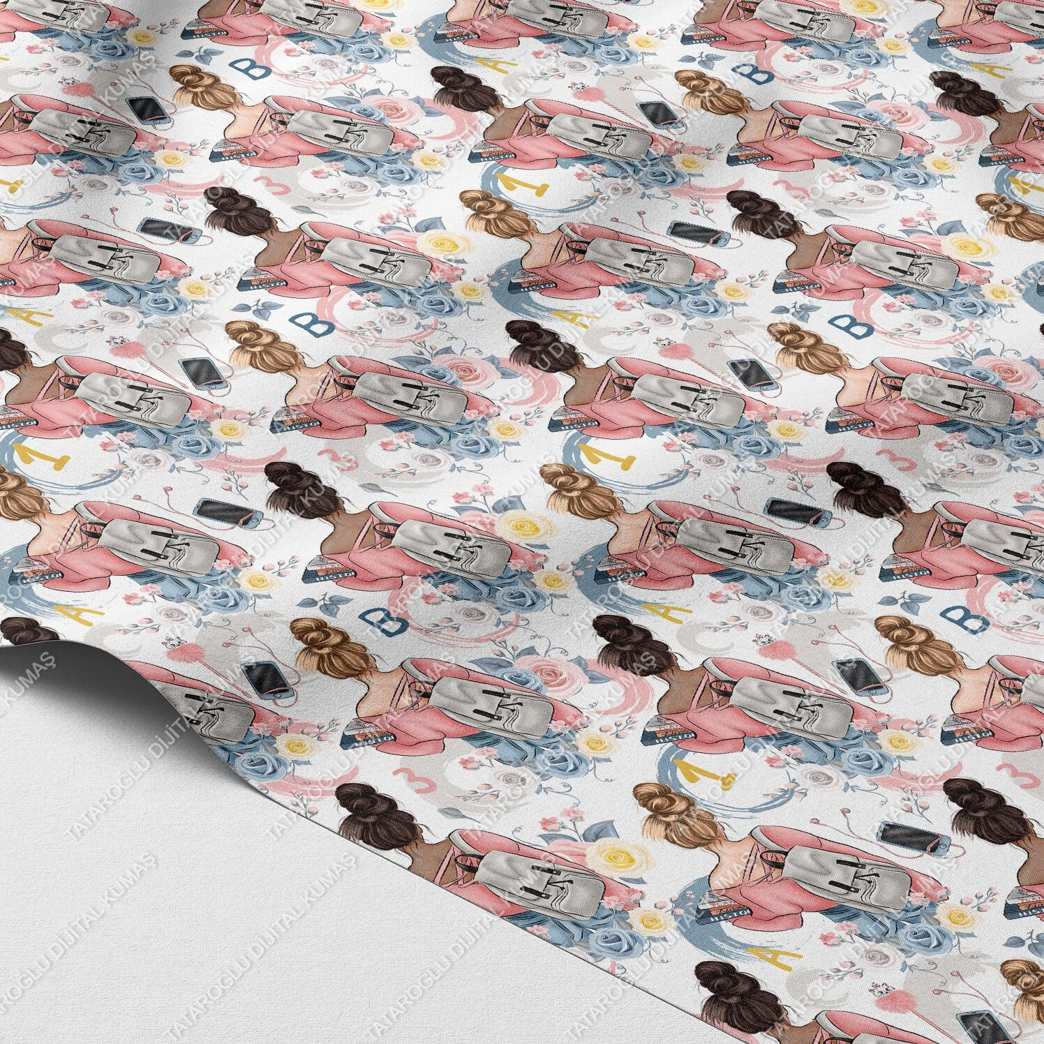 Okula Dönüş Kız Temalı Dijital Baskı Polyester Kumaş – Pastel Öğrenci Deseni, DIY Dikiş ve Ev Dekoru