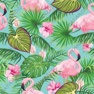 Tropikal Serisi-Nil Yeşili Zemin Üzerine Pembe Flamingo Dijital Baskılı Kumaş