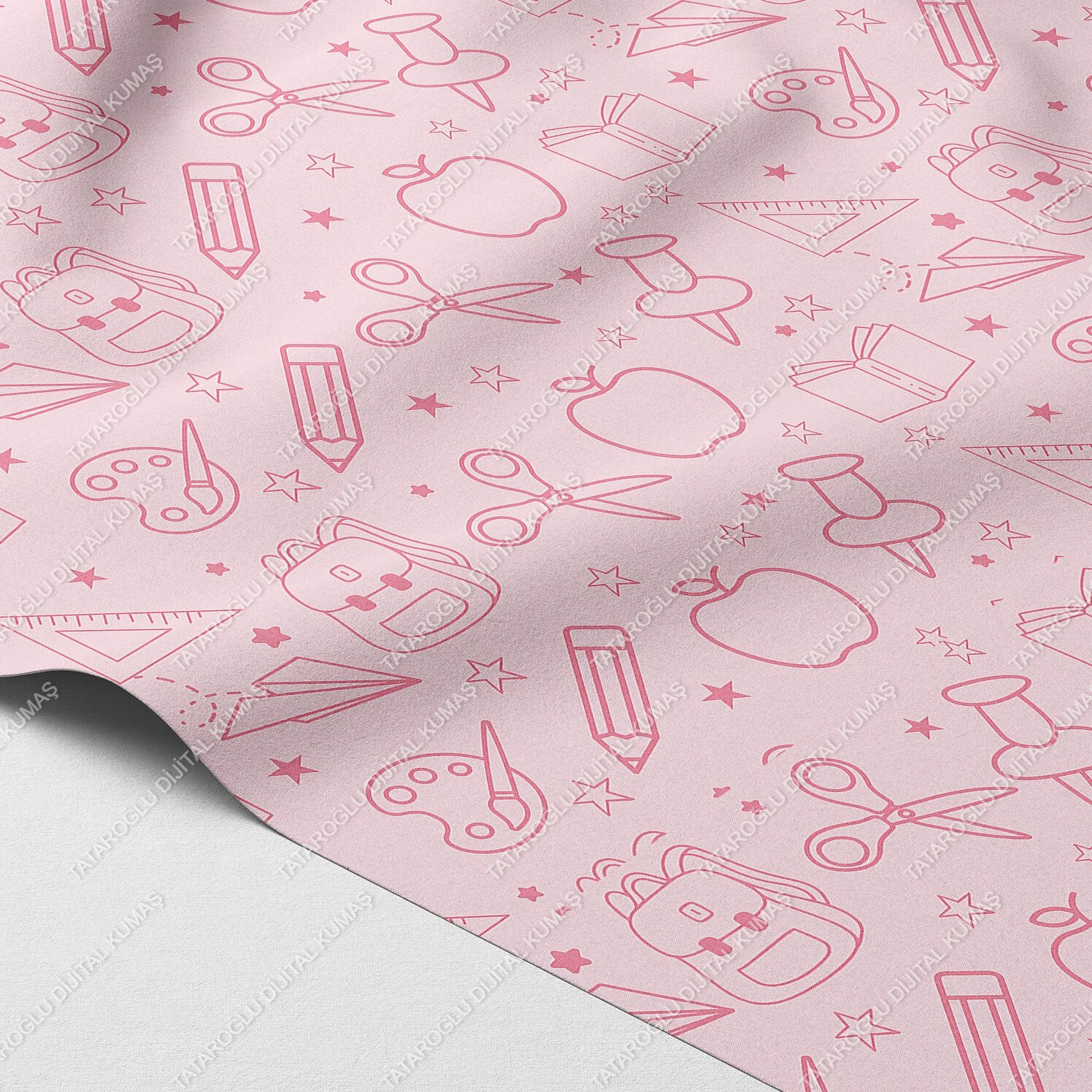 Pembe Okul İkonları – Minimal Çizim Eğitim Temalı Dijital Baskı Kumaş, Okula Dönüş Polyester Dekoratif Kumaş