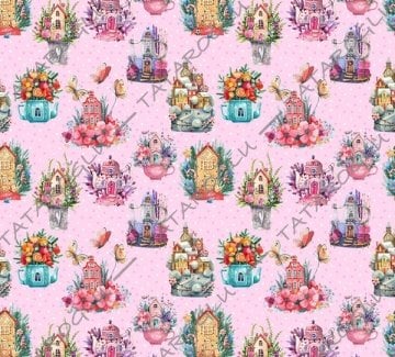 Pembe Zemin Üzerine Puantiyeli  Desenli Dijital Baskılı Kumaş