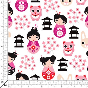Cute Japanese Girls Digital Printed Fabric On White Background