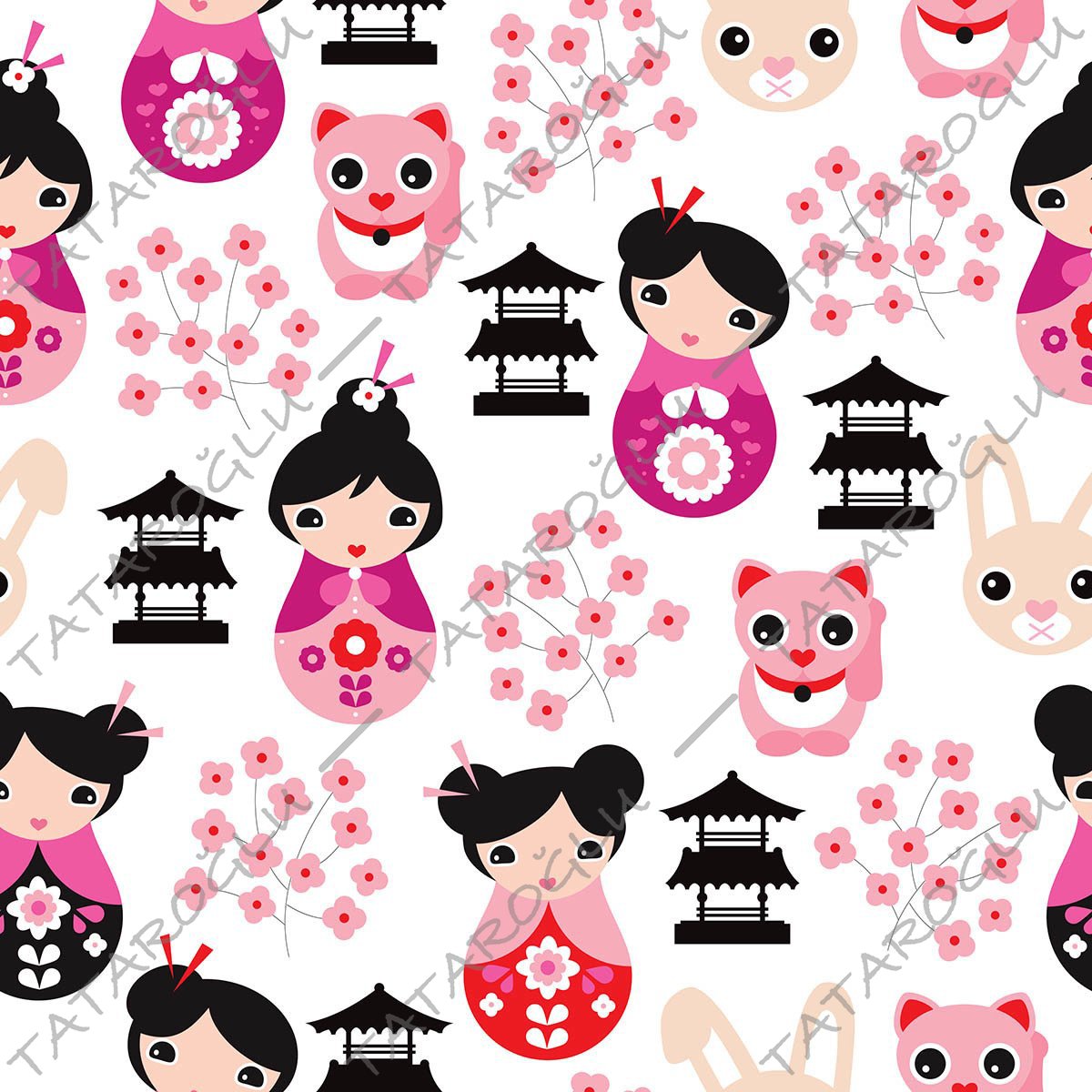 Cute Japanese Girls Digital Printed Fabric On White Background