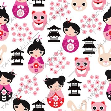 Cute Japanese Girls Digital Printed Fabric On White Background
