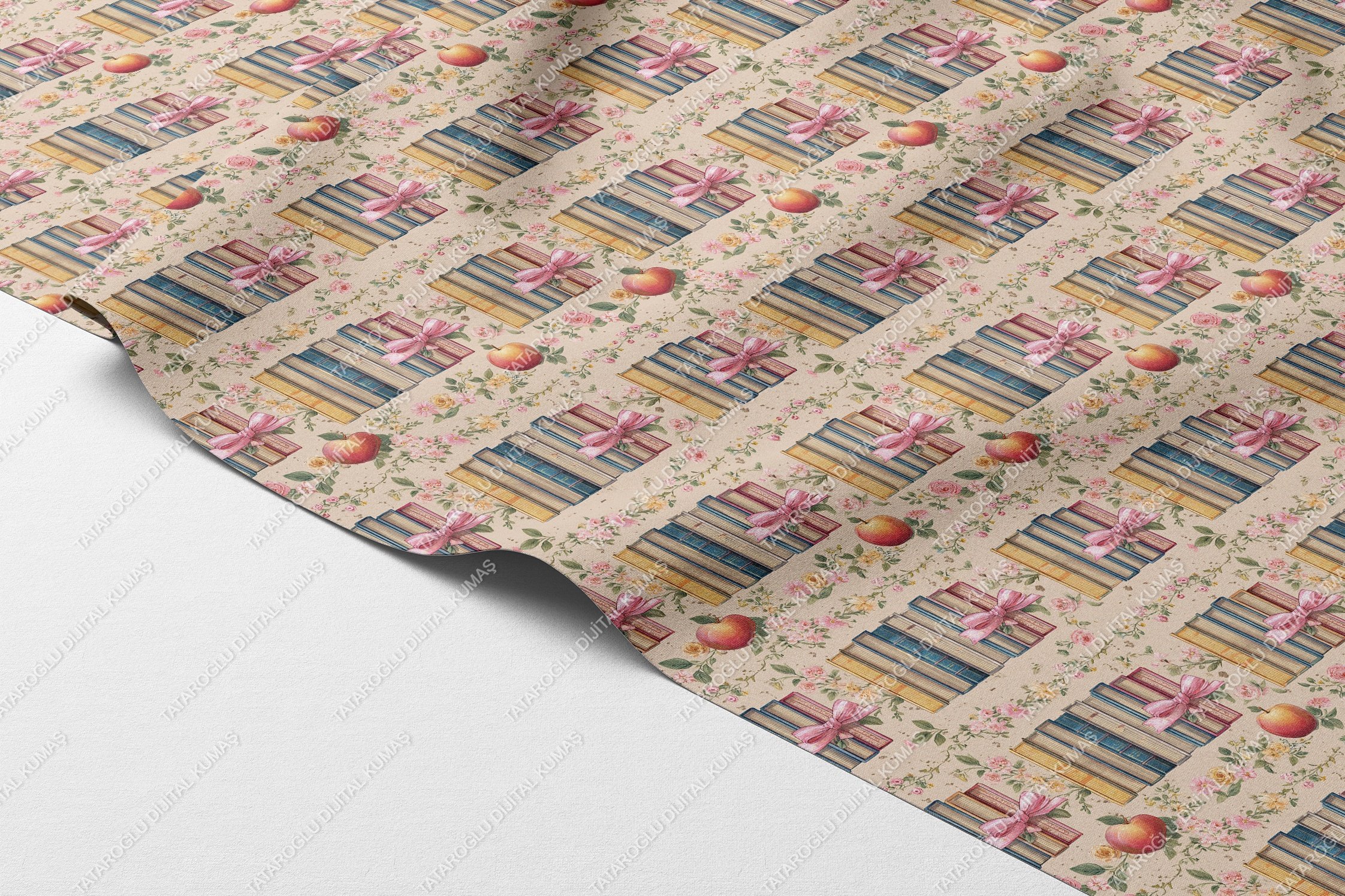 Vintage Kitap ve Çiçek Desenli Dijital Baskı Polyester Kumaş – Romantik ve Shabby Chic Stil