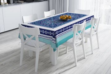 Naples Koleksiyonu - Turkuaz Mavi Etnik Masa Örtüsü Dikişsiz