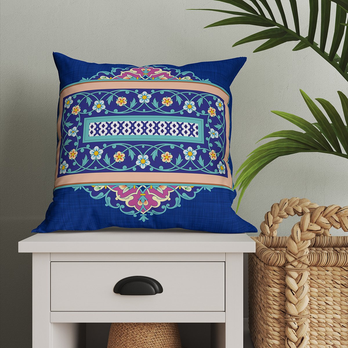 Mavi Beyaz Geometrik Ramazan Model 1-Pano Kırlent 2'li Set Dikilmemiş