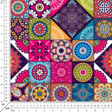 Renkli Patchwork Desenli Çinili Dijital Baskılı Kumaş(SONBAHAR İNDİRİMİ)
