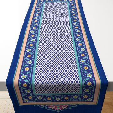 Mavi Beyaz Geometrik Ramazan Runner Dikilmemiş
