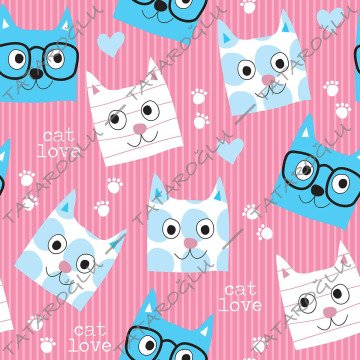 Cats Digital Printed Fabric on Pink Striped Background