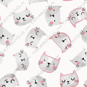 Soft Zemin Üzerine Gri Kedi Kafaları Dijital Baskılı Kumaş