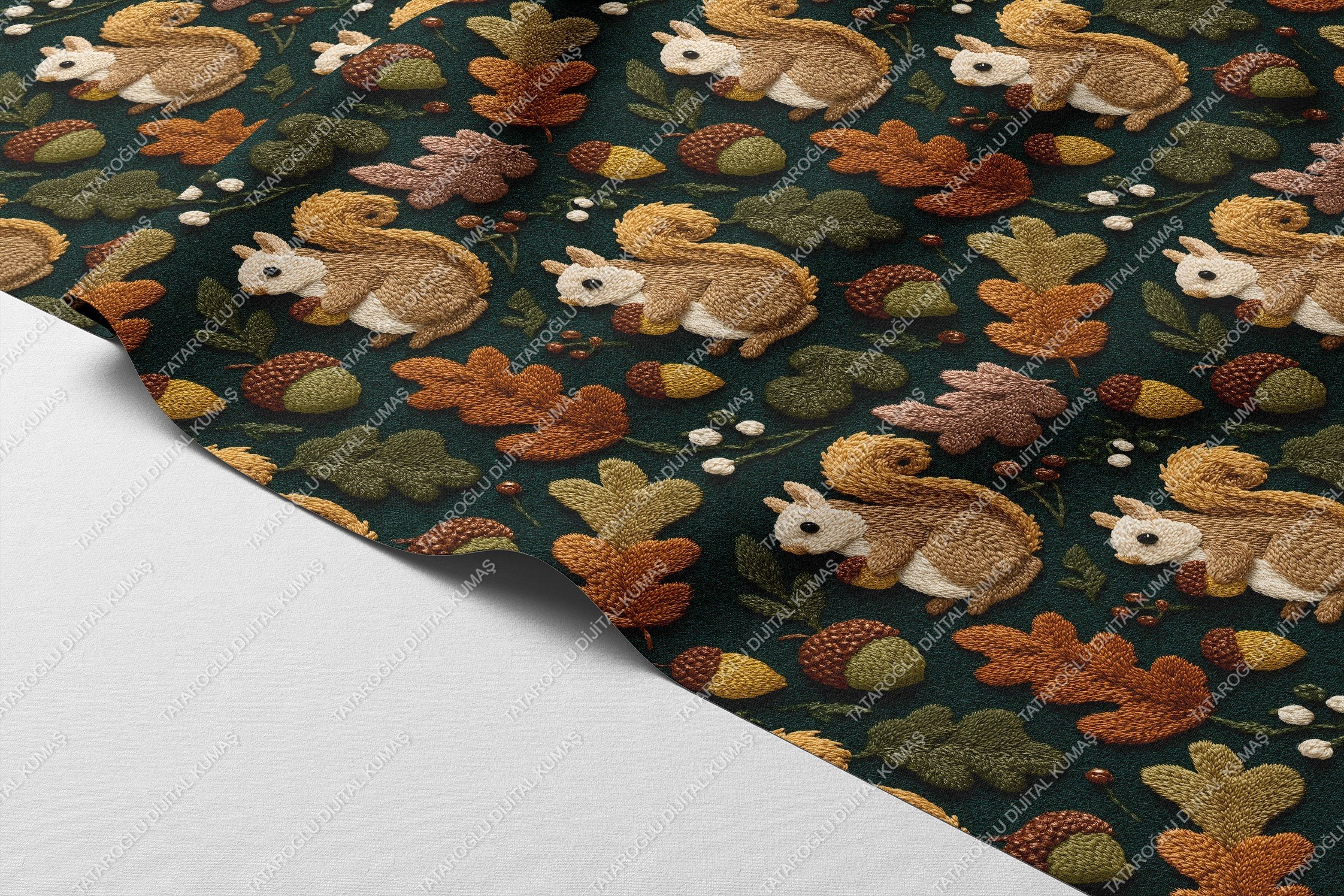 3D Sincap ve Meşe Palamudu – Sonbahar Orman Temalı Dijital Baskı Kumaş