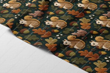 3D Sincap ve Meşe Palamudu – Sonbahar Orman Temalı Dijital Baskı Kumaş