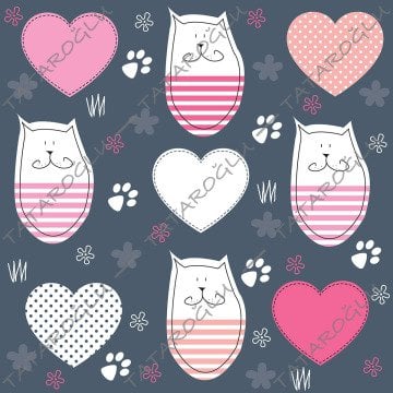 Füme Zemin Üzerine Kalp ve Kedi Figürlü Dijital Baskılı Kumaş