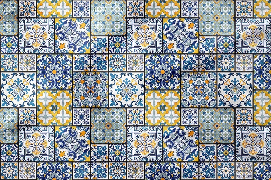 Mavi Sarı Lacivert Turuncu Renkli Çini Desenli Dijital Baskılı Kumaş(SONBAHAR İNDİRİMİ)